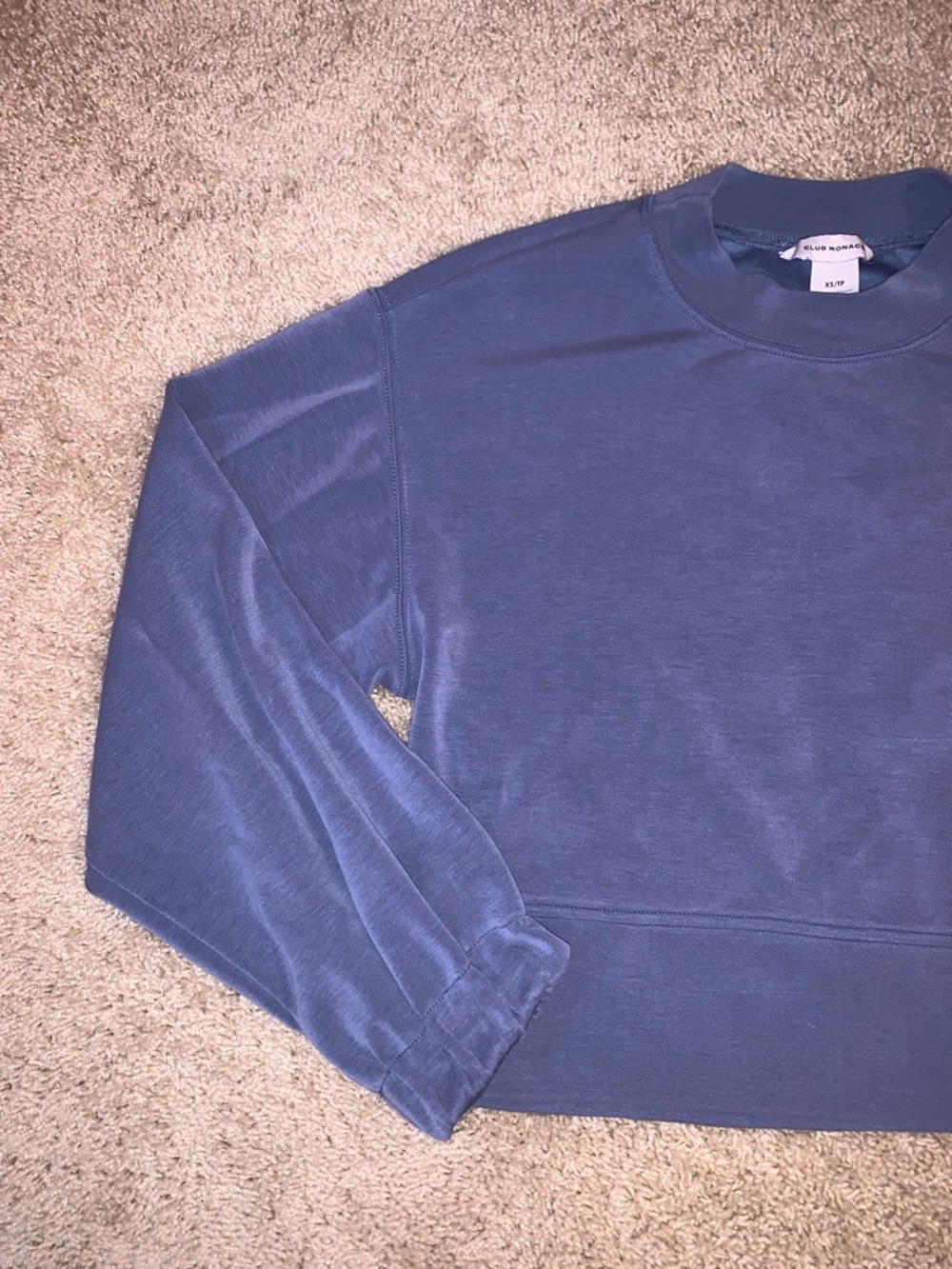 Club Monaco Women’s XS Boxy Cropped Drop Sleeve Crewneck Blue Sweatshirt - Picture 3 of 9